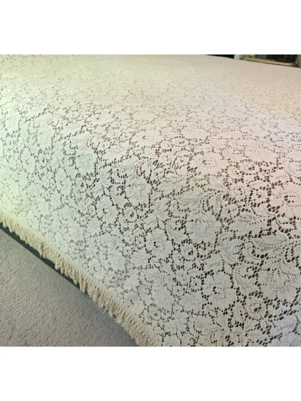 Vintage Crochet Lace Coverlet Fringe Bedspread KING Ecru Beige 112 x 130 Cottage